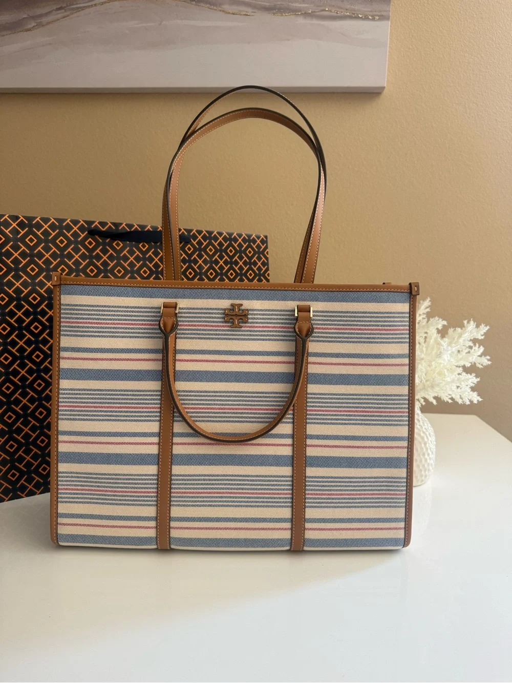 NWT, tory burch blake stripe canvas jumbo large tote multi walnut $550